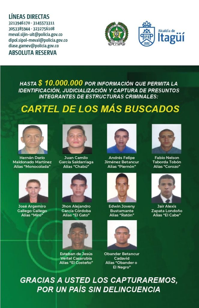 Itagüí publicó el cartel de los delincuentes más buscados Antioquia